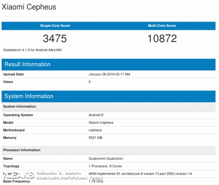 Смартфон Xiaomi Cepheus с 6 ГБ ОЗУ и SoC Snapdragon 855 протестирован в Geekbench