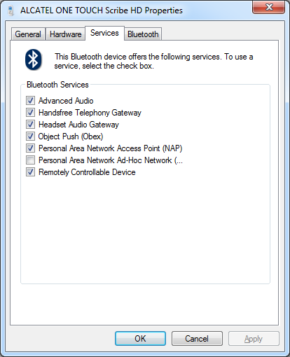 Сервисы Bluetooth в Alcatel OneTouch Scribe HD 8008D