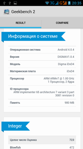 Обзор Digma iDxD4 3G. Скриншоты. Geekbench 2