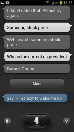 Обзор Samsung Galaxy S 3. Скриншоты. Запрос котировок в S Voice и вопрос о президенте США