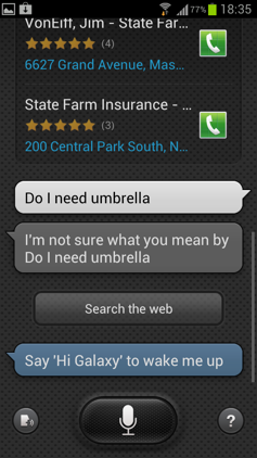 Обзор Samsung Galaxy S 3. Скриншоты. Вопрос о зонтике в S Voice