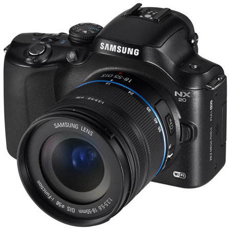 Представлены камеры Samsung NX20, NX210 и NX1000></div>
<p>Камера NX20 внешне напоминает зеркальные камеры, но имеет меньшие габариты (122 x 90 x 40 мм) и массу (341 г). Среди особенностей этого изделия производитель выделяет минимальную выдержку 1/8000 с (у двух других моделей - 1/4000 с) и поворотный дисплей типа AMOLED размером три дюйма по диагонали. В NX20 предусмотрено ручное управление всеми параметрами съемки, что, по словам Samsung, позволяет «каждый раз получать изображения профессионального уровня». Камера оснащена электронным видоискателем, разрешение которого равно SVGA, и вспышкой с ведущим числом 11. У всех трех новых камер есть «горячий башмак», что позволяет использовать вместе с ними внешнюю вспышку.</p><div align=