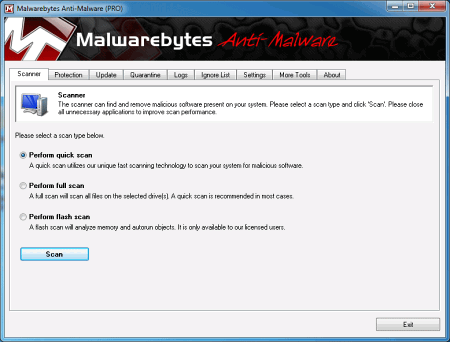 Окно программы Malwarebytes Anti-Malware PRO
