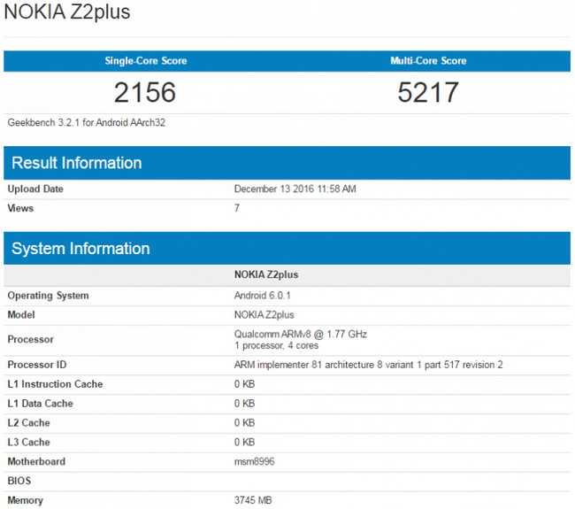 В Geekbench замечен смартфон Nokia Z2 Plus