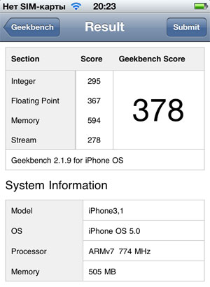 Результаты теста GeekBench на iPhone 4