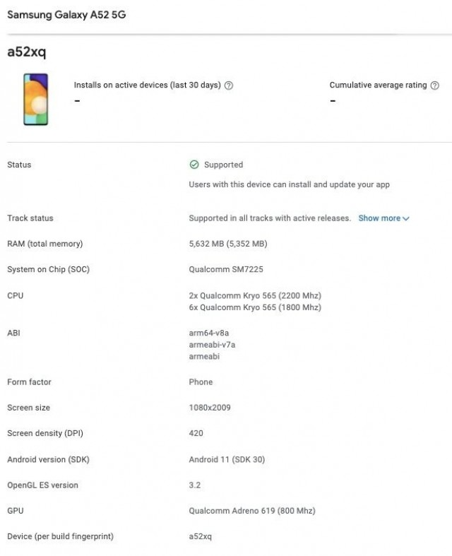 Преемник прошлогоднего бестселлера Samsung Galaxy A51: характеристики и изображение Samsung Galaxy A52 появились в Google Play Console