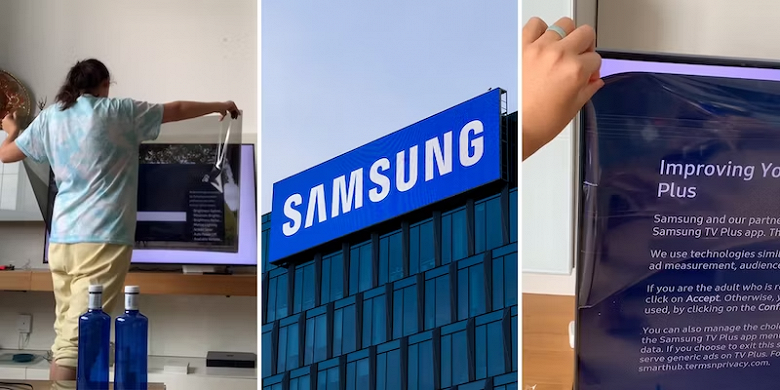 Женщина решила снять «защитную плёнку» с экрана телевизора Samsung, а это была часть дисплея
