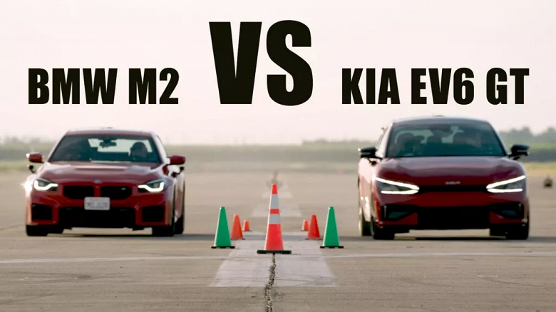 Новенький Kia EV6 GT с не полностью заряженным аккумулятором сразился с BMW M2: разница между машинами превышает 400 кг