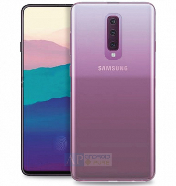 Samsung Galaxy A90 с выдвижной фронтальной камерой и тройной основной позирует на официальном рендере