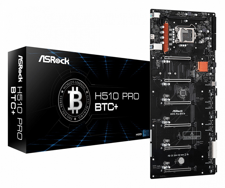 Плата ASRock H510 Pro BTC+ оснащена шестью слотами PCIe 3.0 x16