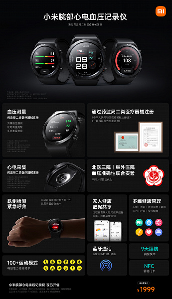 Регистрация ЭКГ, мониторинг артериального давления и температуры тела, ЧСС и SpO2, защита IP68 и NFC — за $275. Xiaomi представила свои самые передовые умные часы