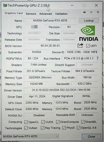 GeForce RTX 4070 при цене в 600 долларов могла бы иметь всего 10 ГБ памяти. Такой прототип засветился в Сети