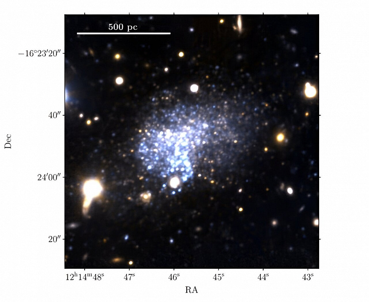 В созвездии Ворона открыта маломассивная галактика с уникальной структурой и молодыми звёздами