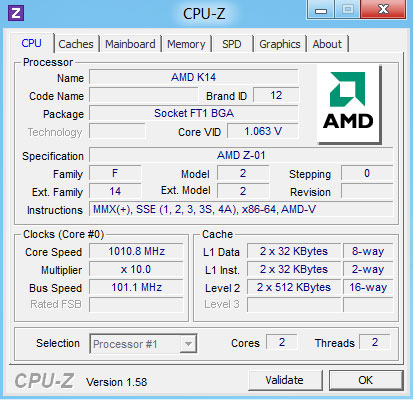 Данные утилиты CPU-Z в Windows 8 на планшете MSI WindPad 110W