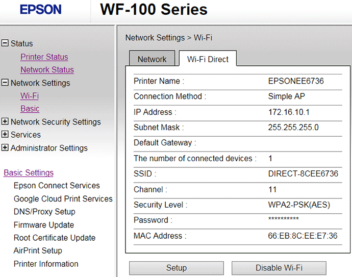 Epson WF-100W, веб-интерфейс