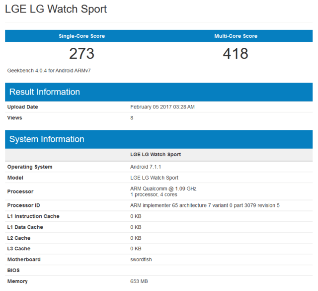 Умные часы LG Watch Sport протестированы в Geekbench