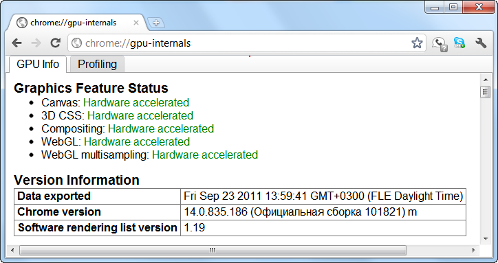 Chrome, страница about:gpu-internals: